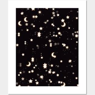 Sparkly moon and stars in black dark night Posters and Art